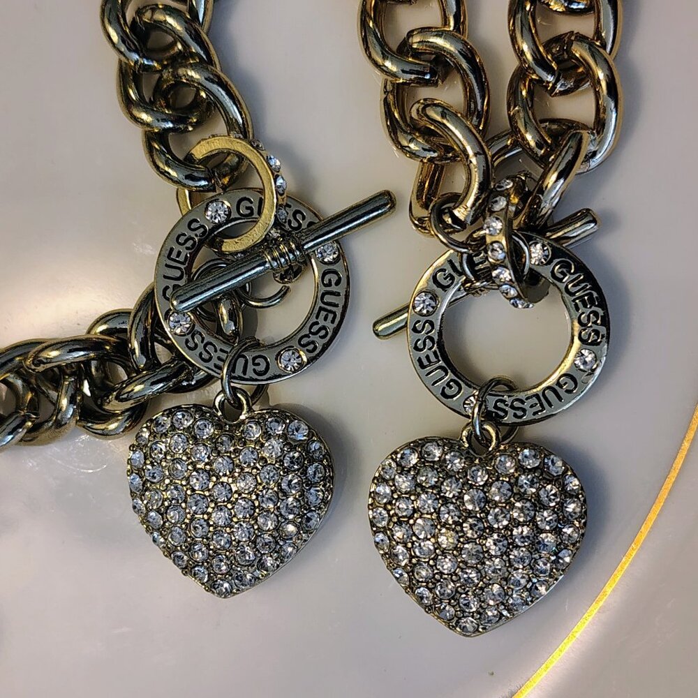 Vtg Y2K Glam Guess Puffed Heart Charm Pave Rhinestone Toggle Choker Bracelet Set